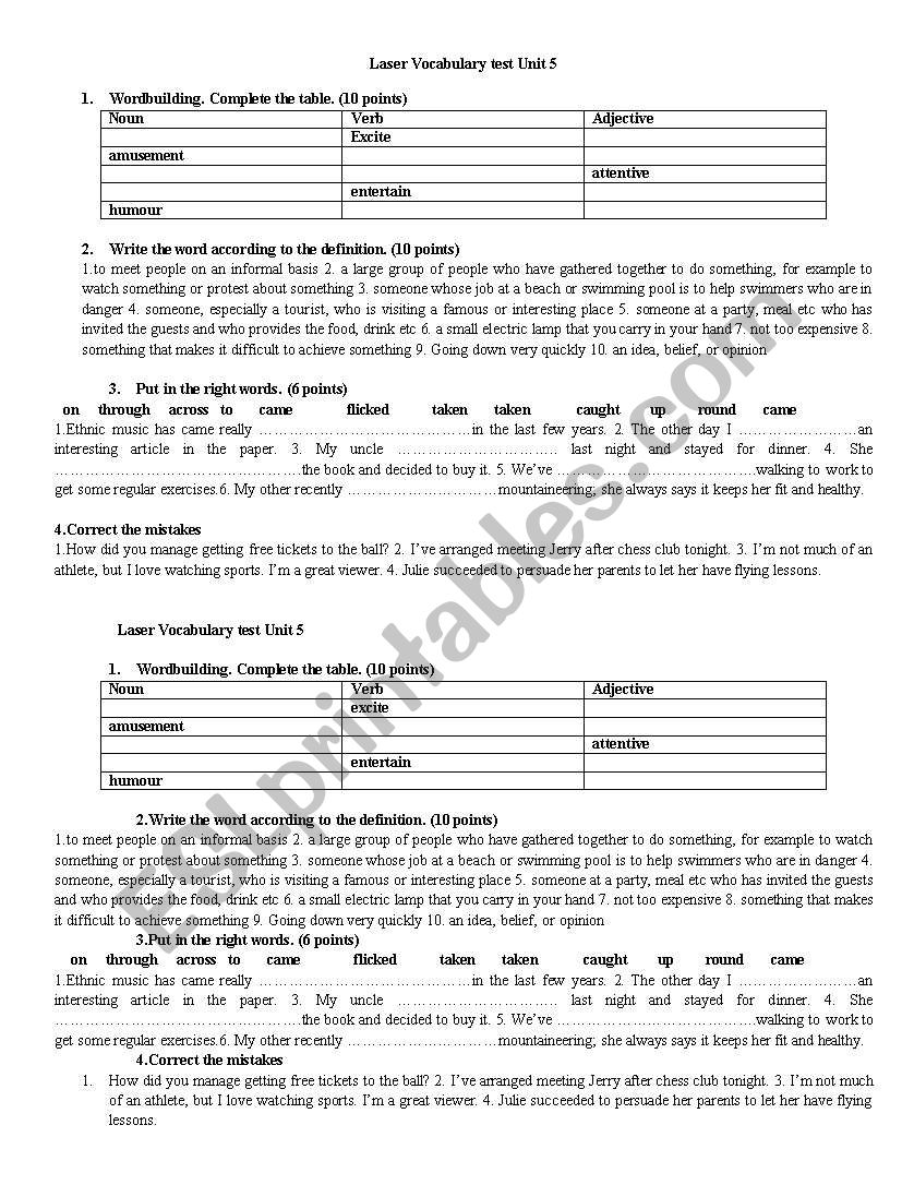 Laser FCE Vocabulary test Unit 5 (with answers)