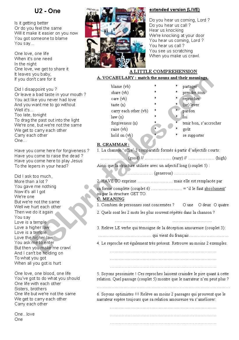 U2 SONG worksheet