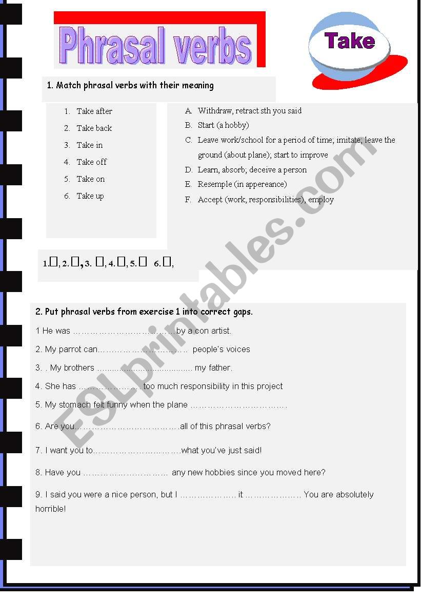 Take - phrasal verbs worksheet