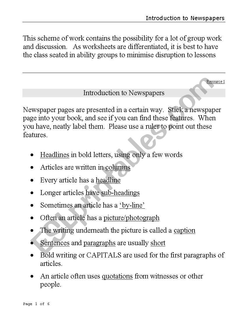 Newspapers Introduction worksheet