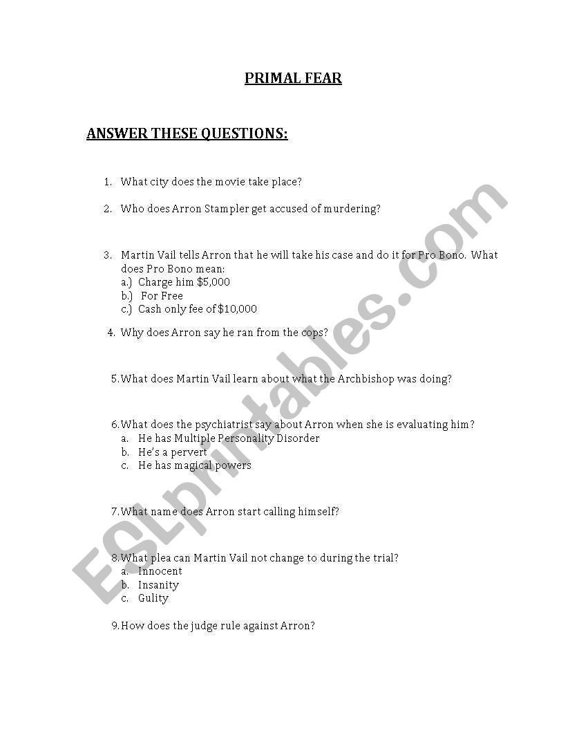 THE MOVIE: PRIMAL FEAR WORKSHEET