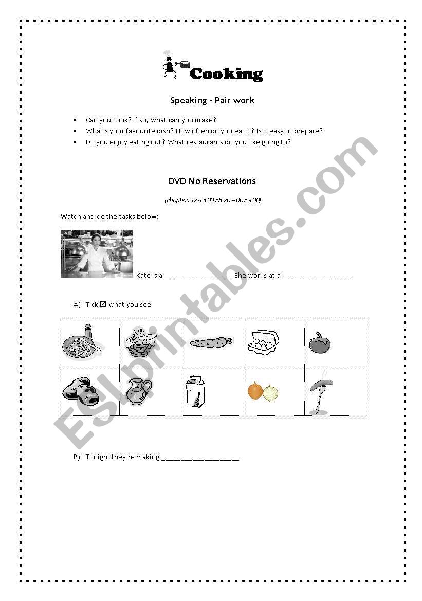 Cooking - lead-in worksheet