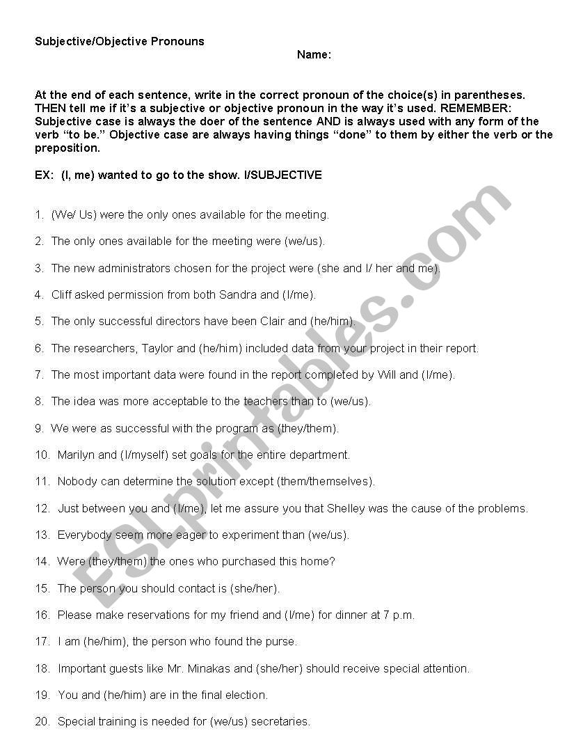 Subjective Objective Pronoun Practice ESL Worksheet By Imabalog