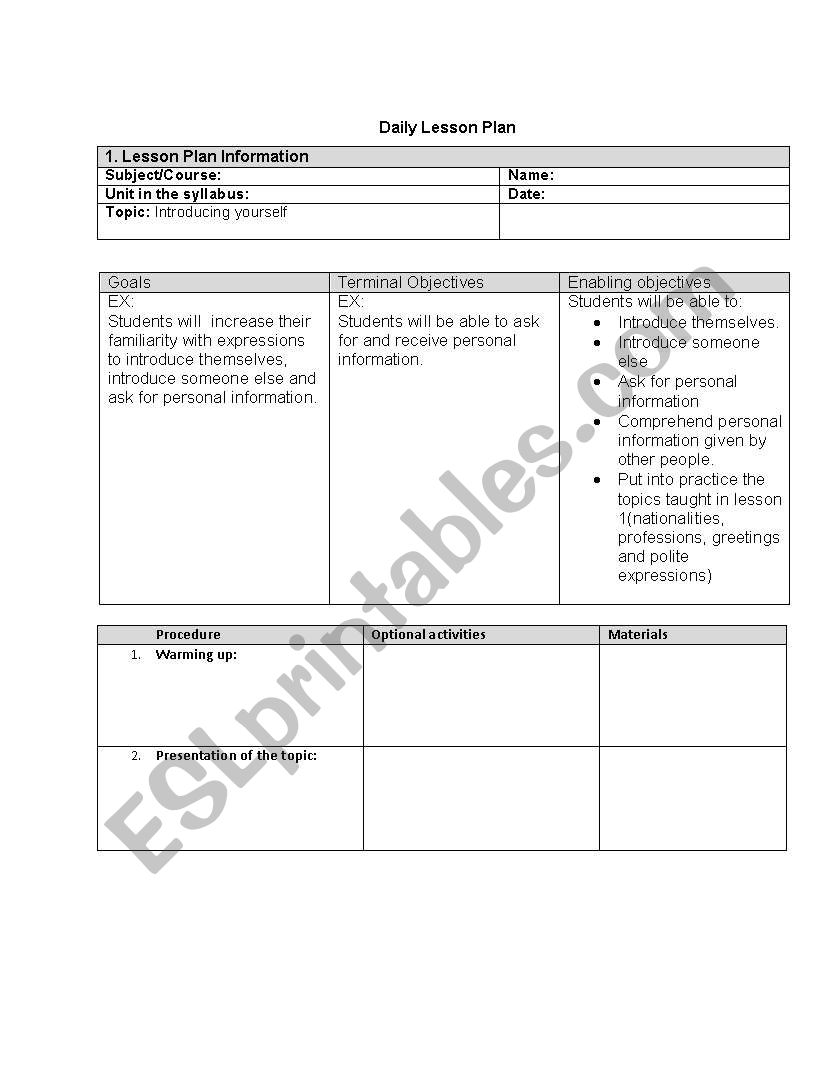Daily Lesson Plan Template worksheet