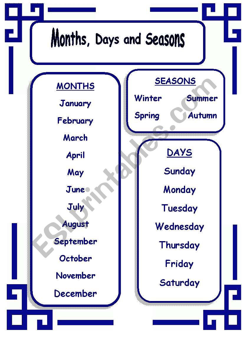 Months,Days and Seasons worksheet