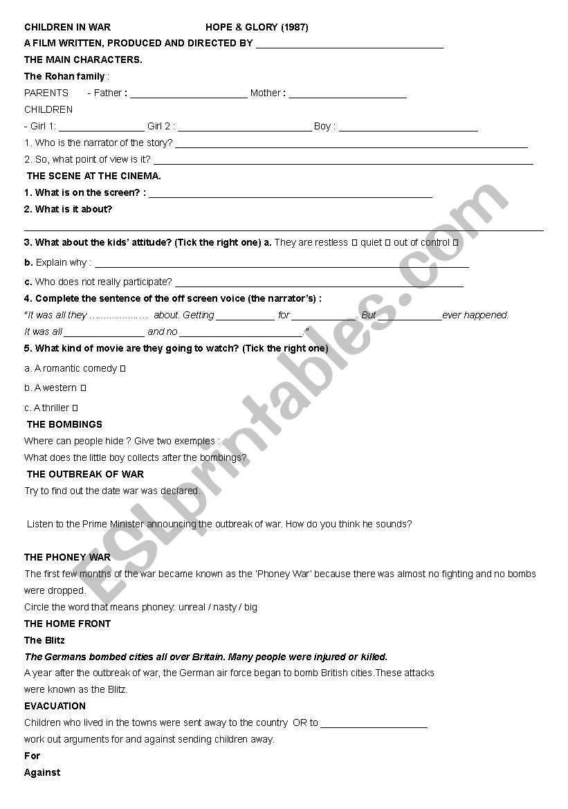 Hope and glory John Boorman worksheet