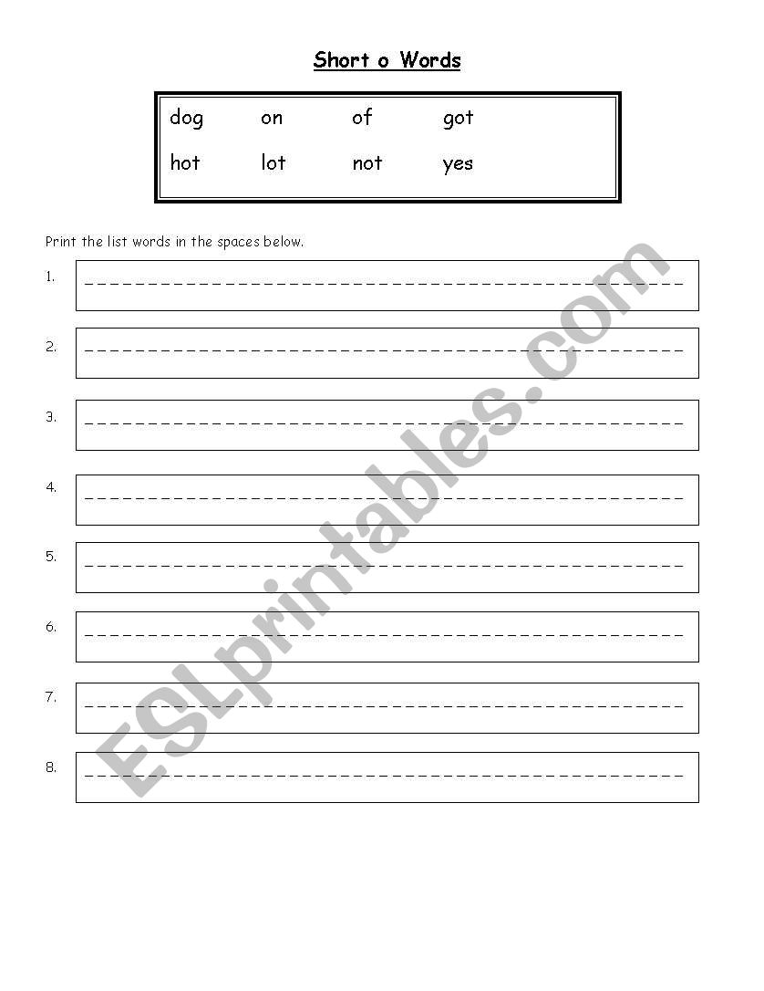 Short o words worksheet