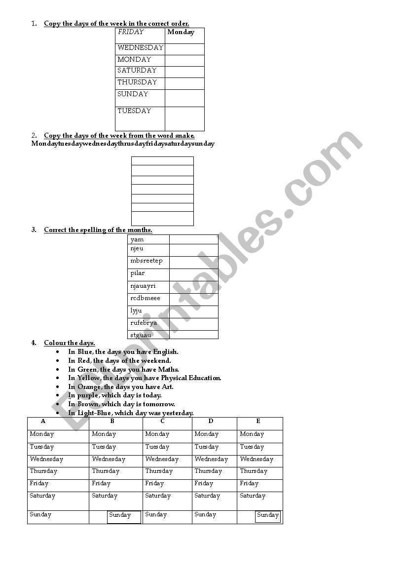 days and colours worksheet