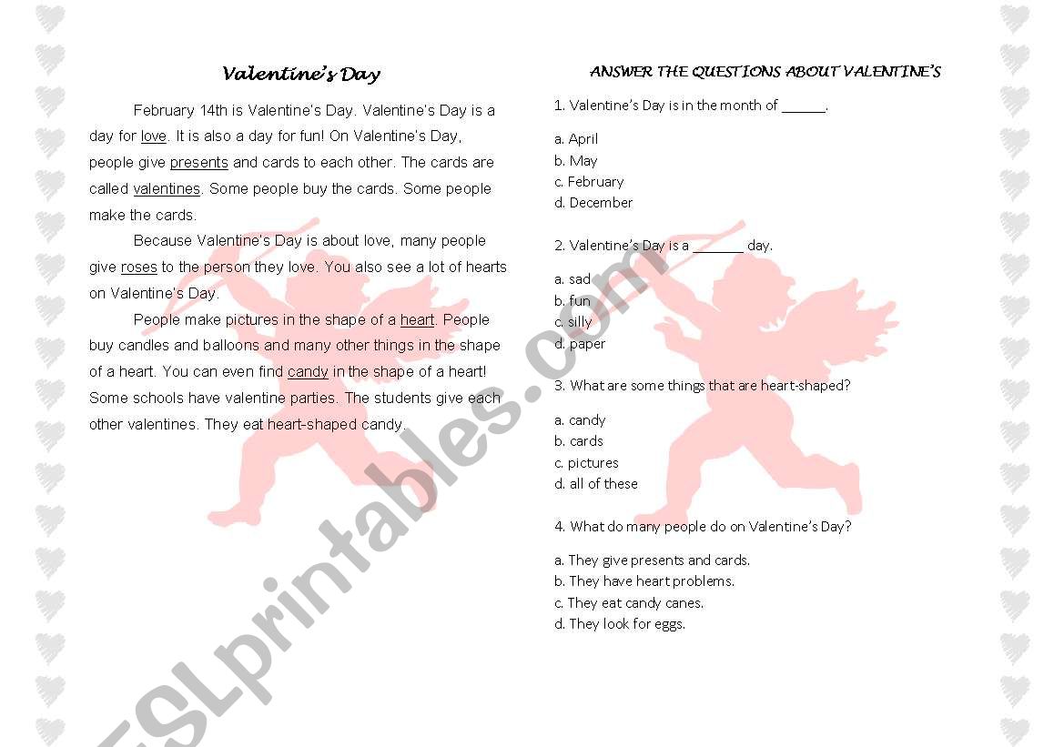 Valentines day reading worksheet