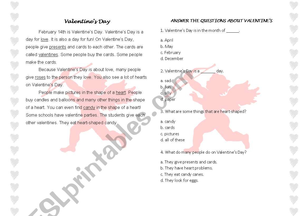 Valentines day reading worksheet