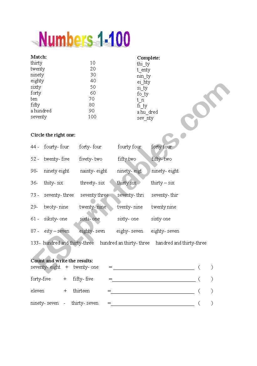 Numbers 1-100 worksheet