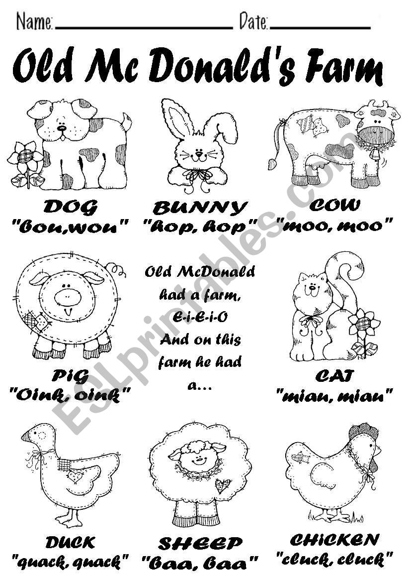 Old Mc Donals farm worksheet