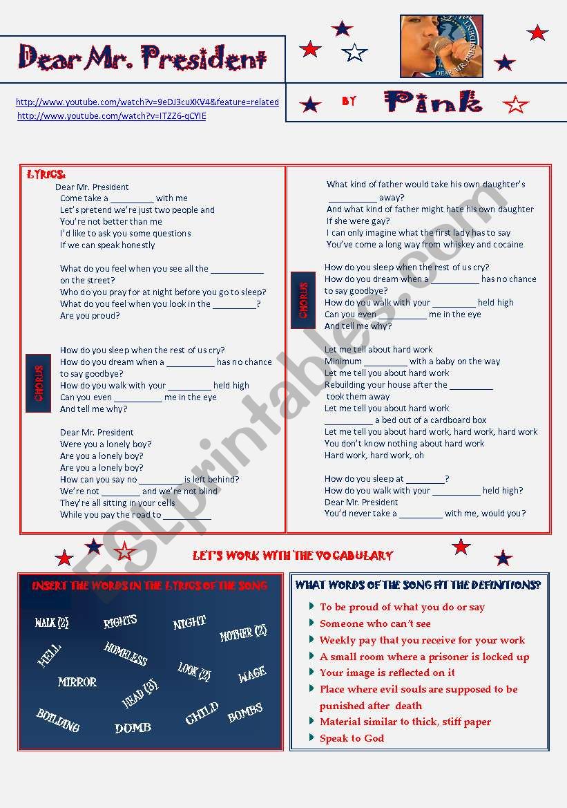 Dear Mr. President by P!NK worksheet