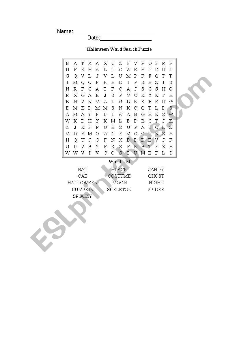 Halloween word search worksheet