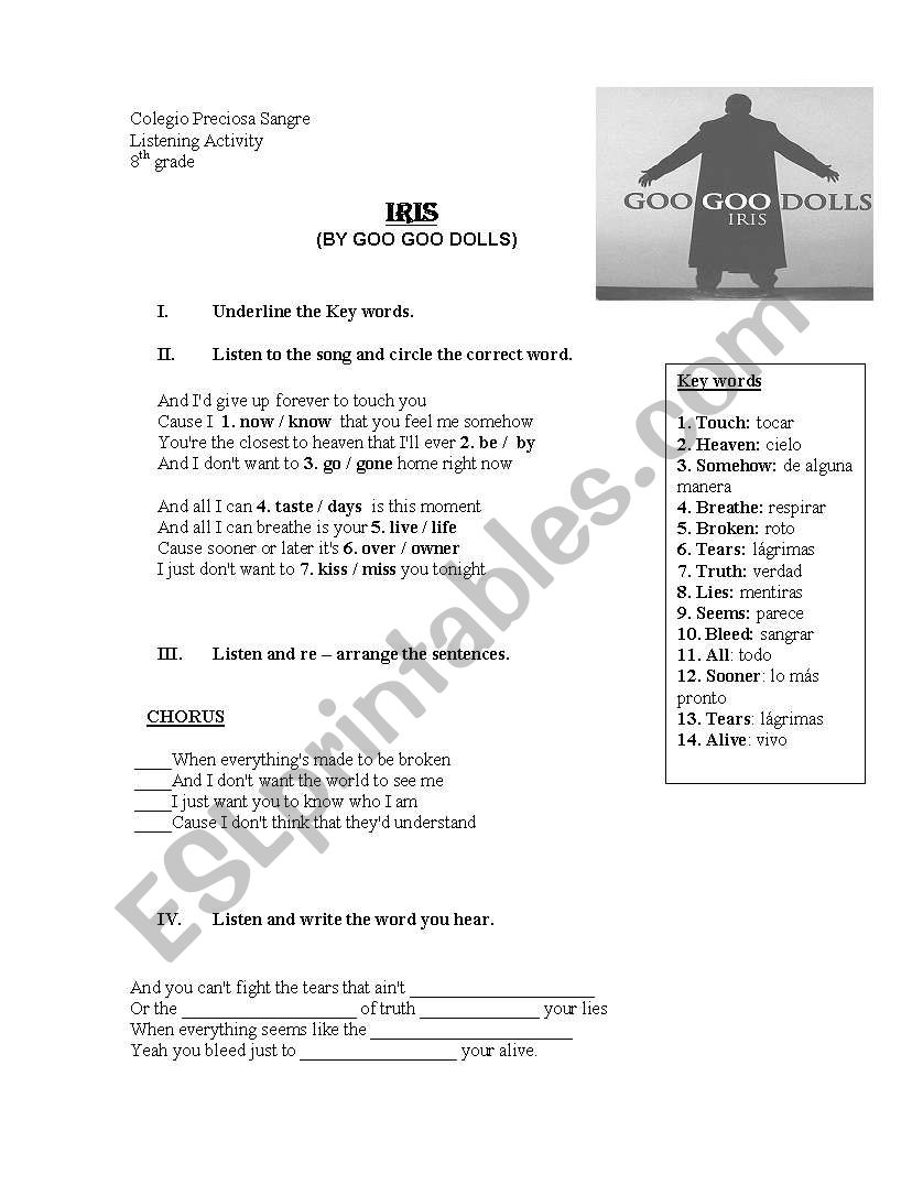 Iris by Goo Goo Dolls worksheet