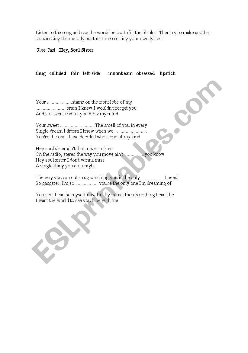 Hey Soul Sister Glee Cast worksheet