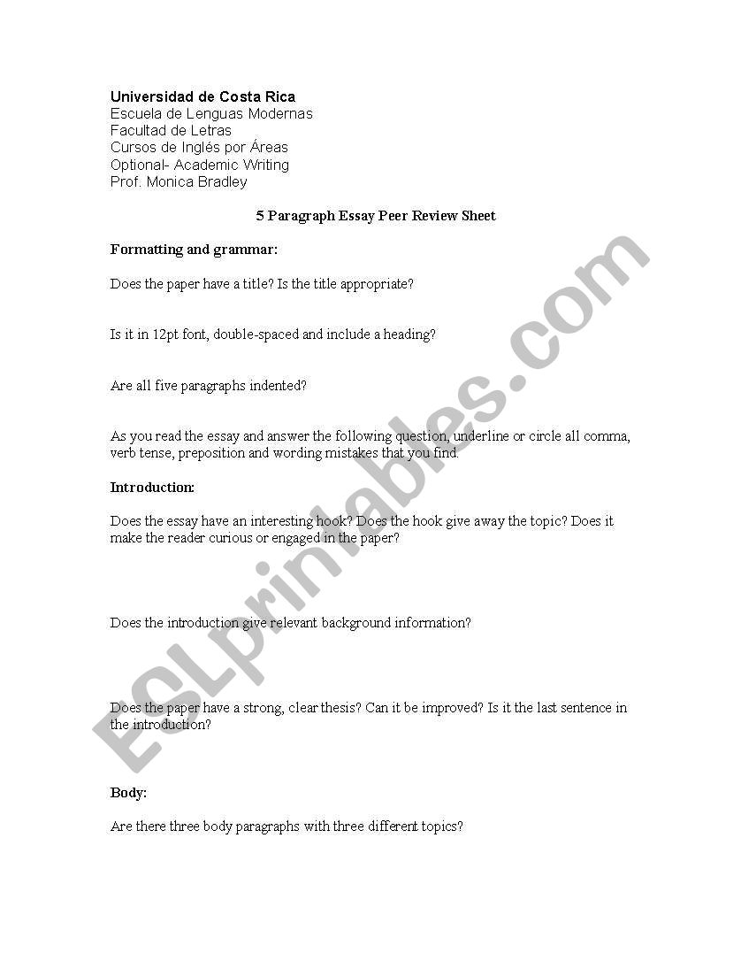 five paragraph essay peer review sheet