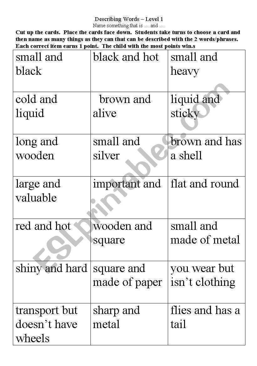 Adjectives game worksheet