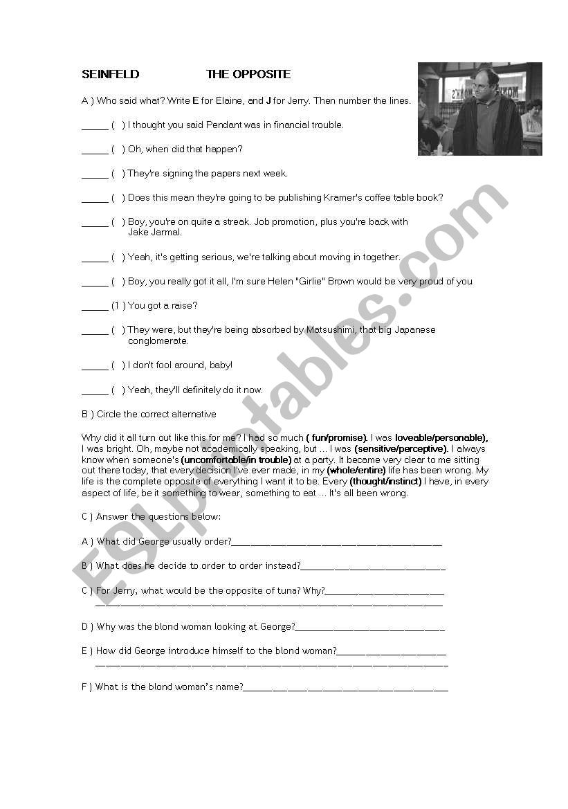 Seinfeld The Opposite worksheet