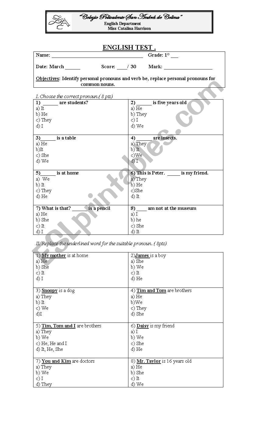 Test verb Be worksheet