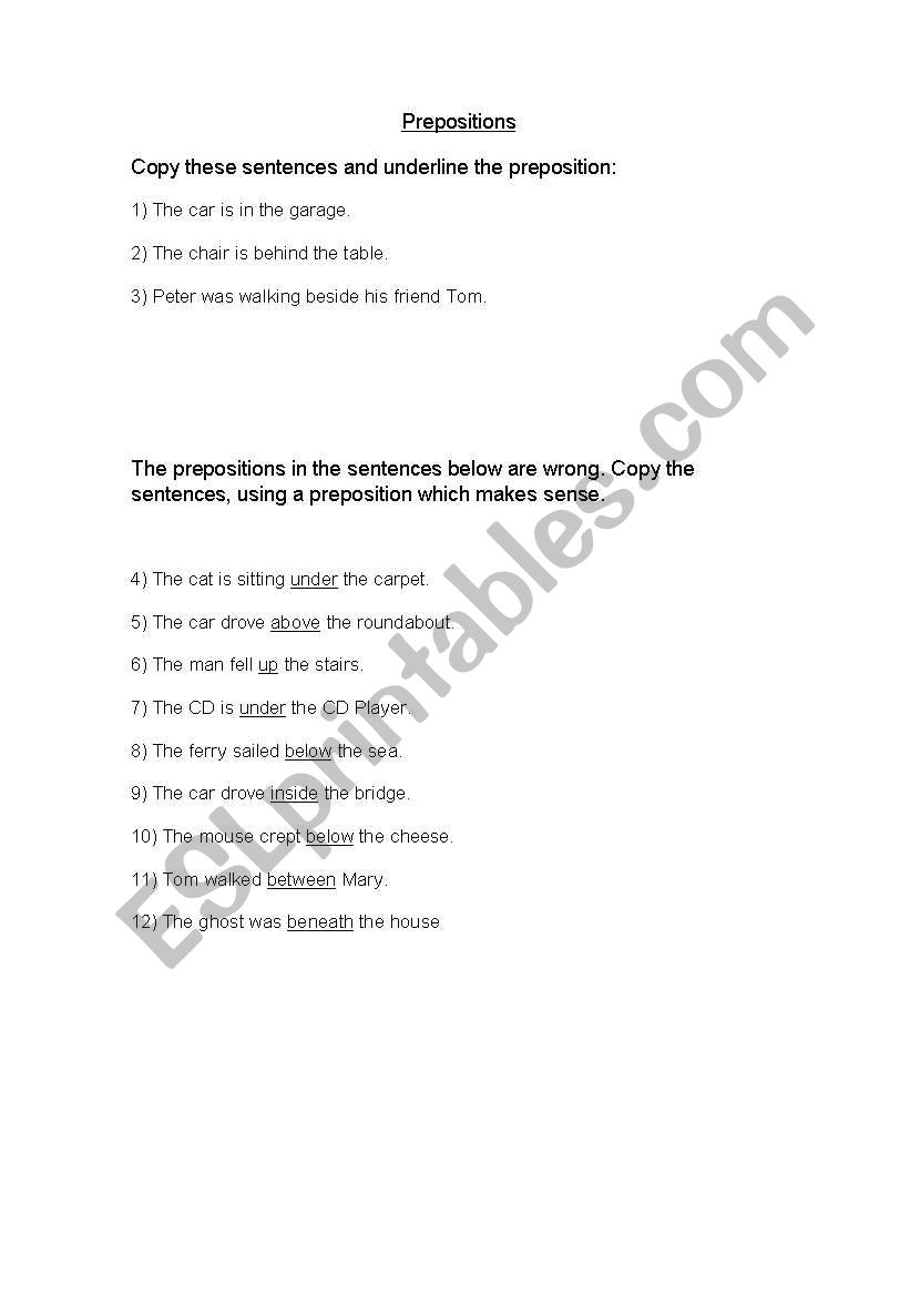 Prepositions worksheet