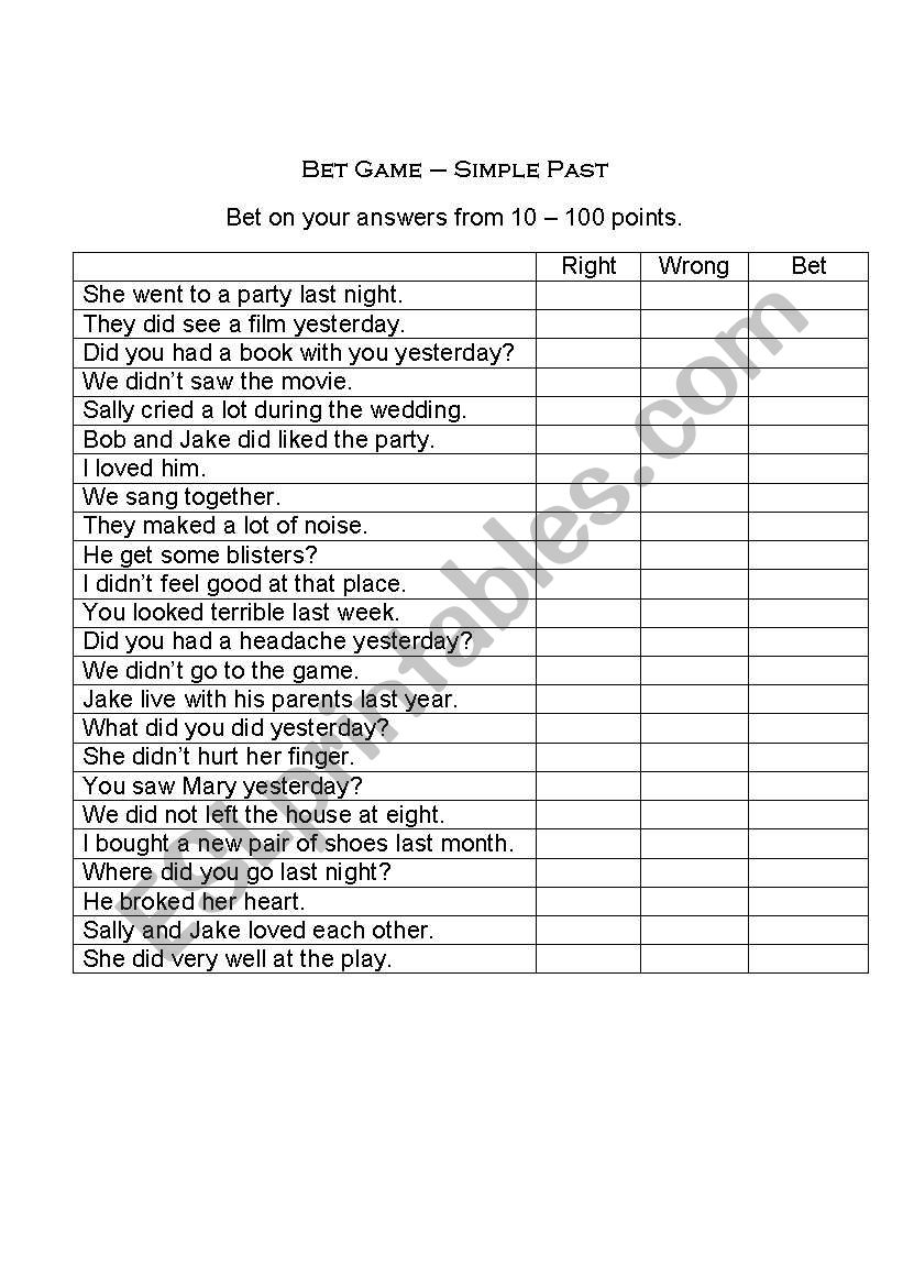 Bet Game - Simple Past worksheet