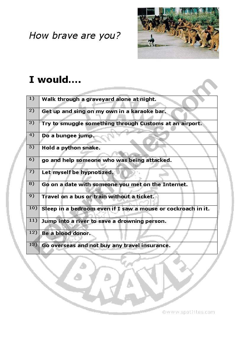 How brave are you? worksheet