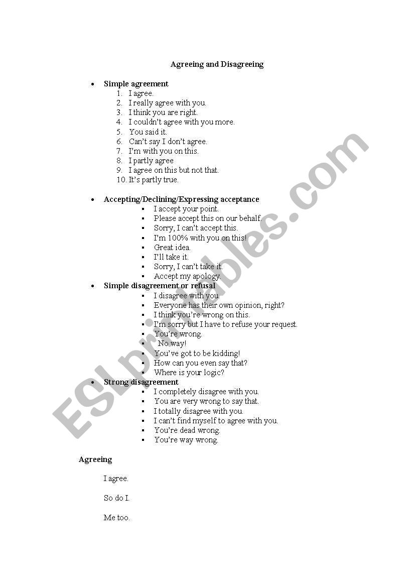 Agreement expression worksheet