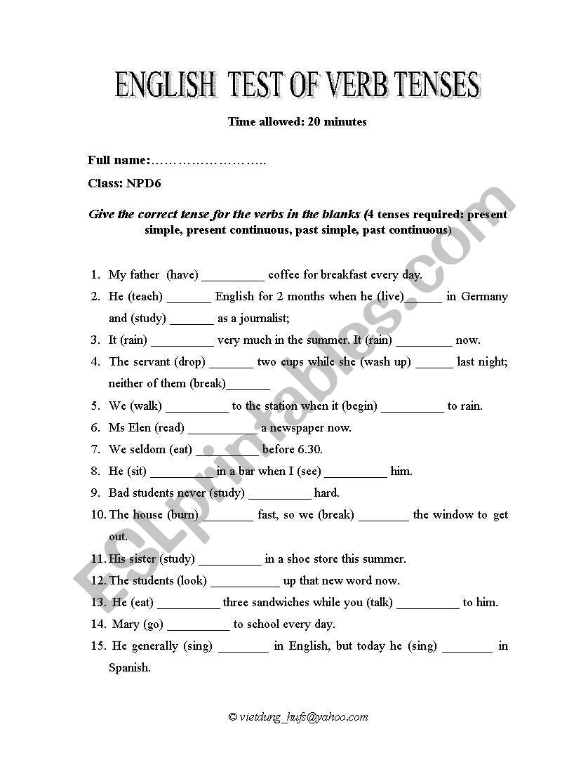 English verb tenses worksheet