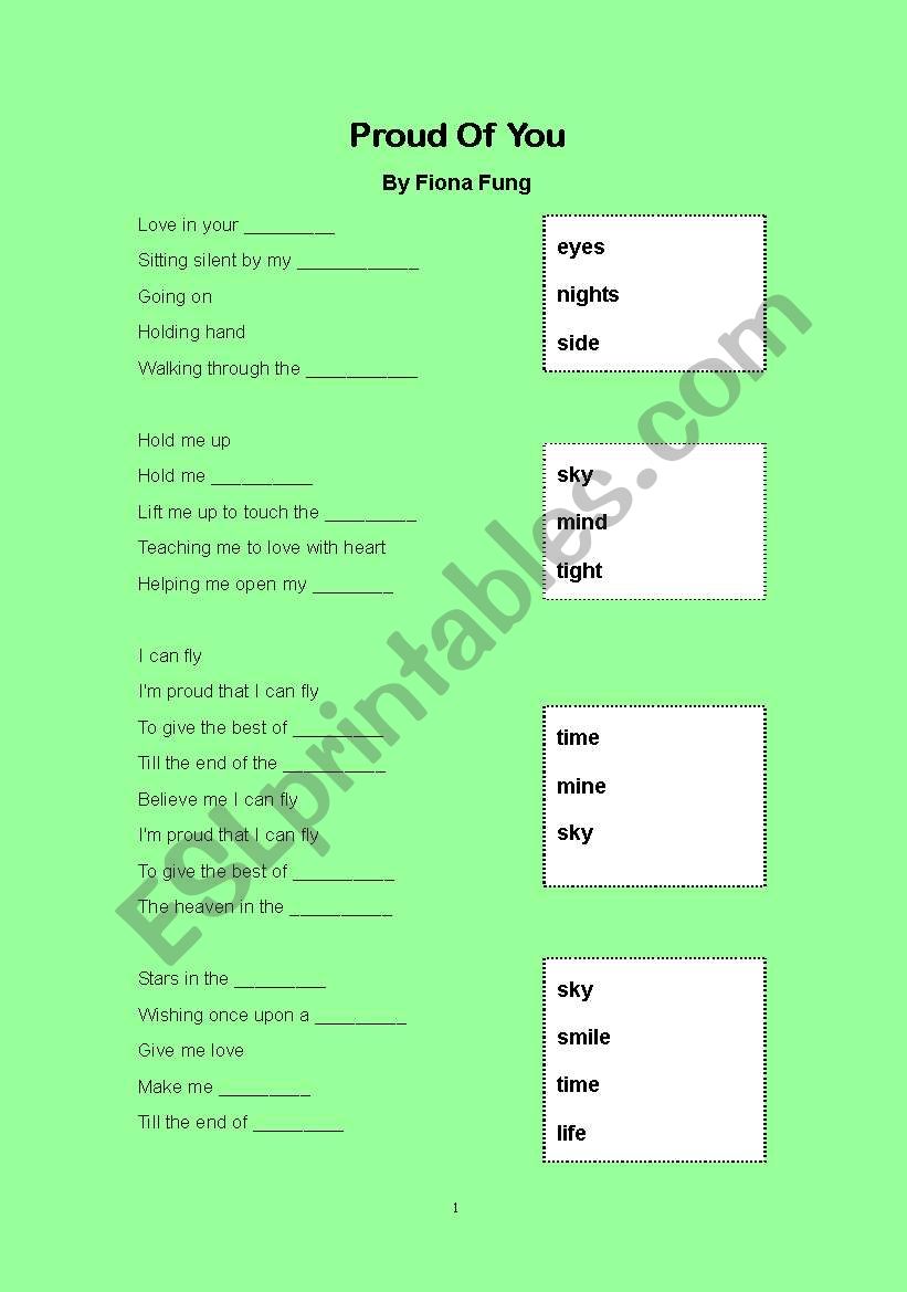 Song: Rroud of you worksheet