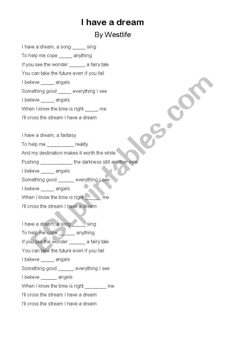 Song:I ahve a dream worksheet