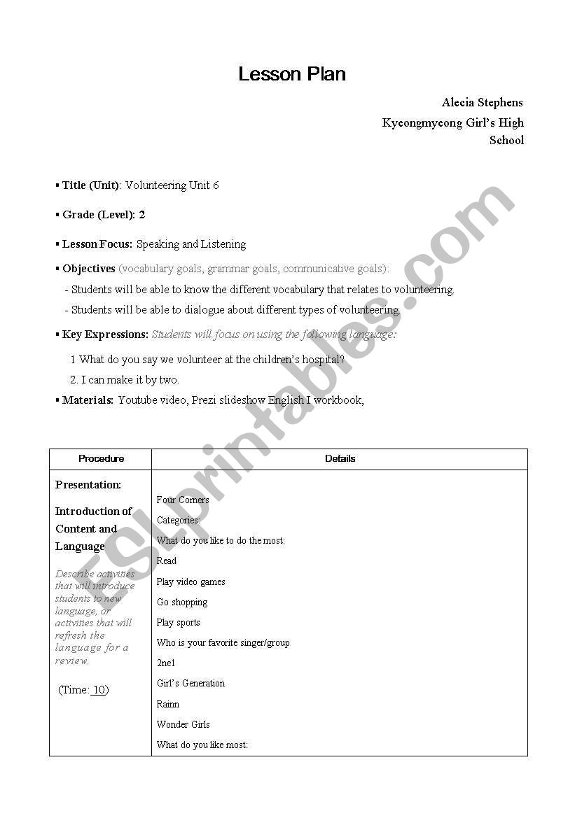 Volunteering worksheet