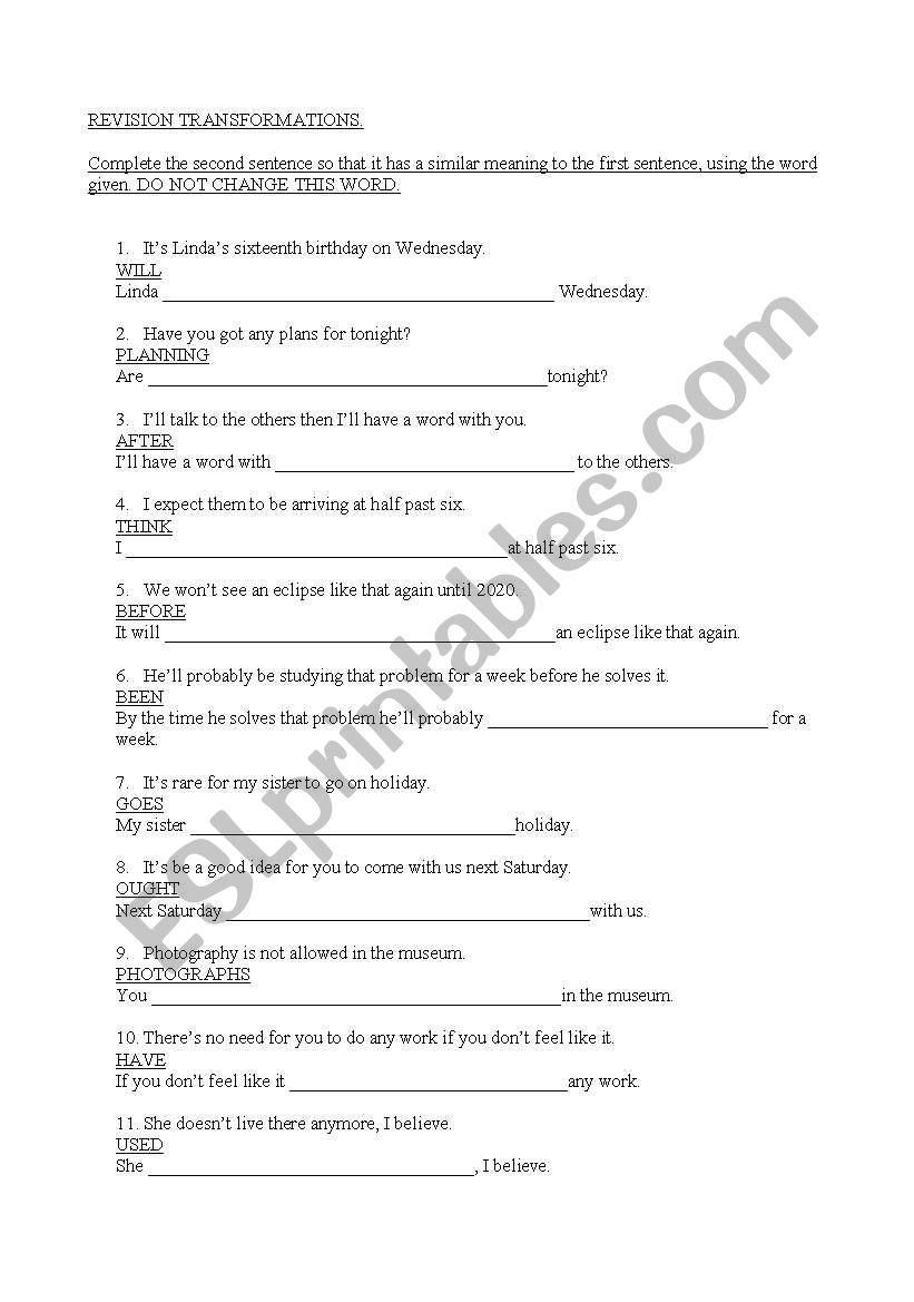 revision transformations worksheet