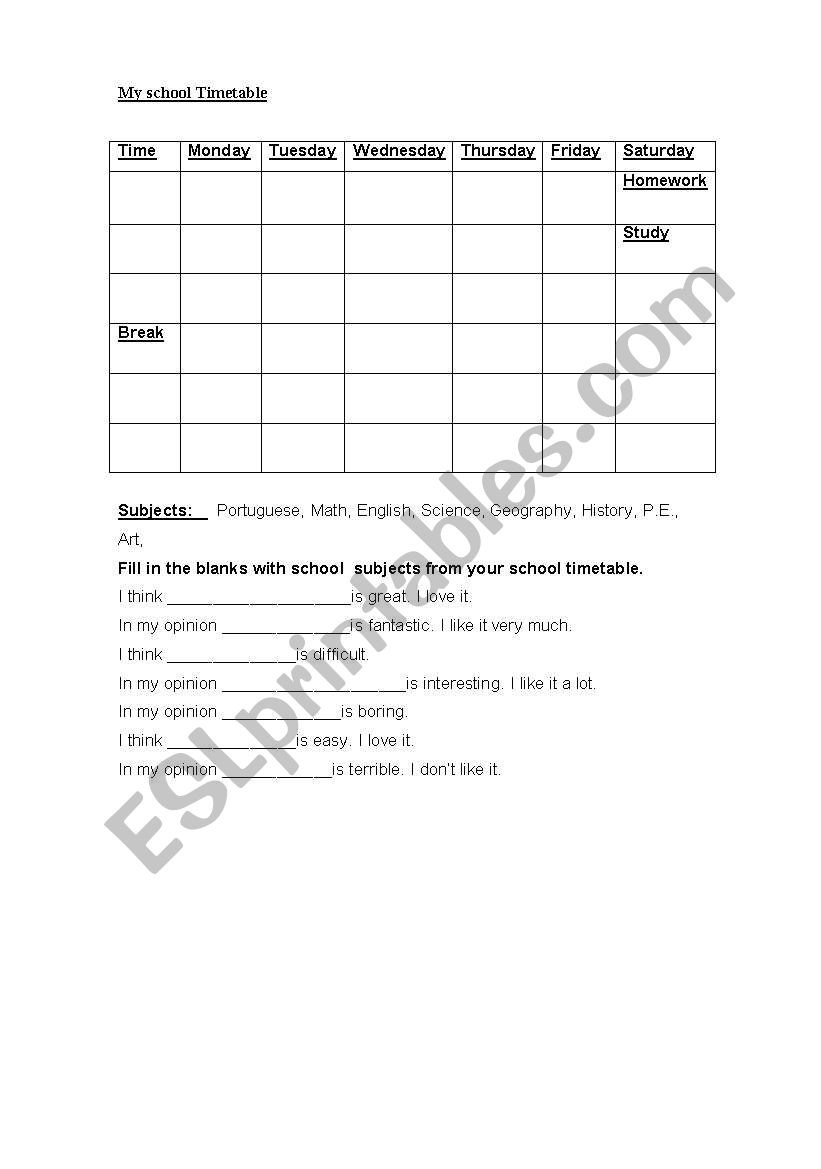 Timetable worksheet