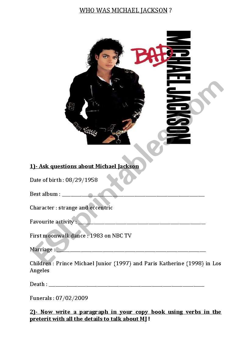 Michael Jacksons life worksheet