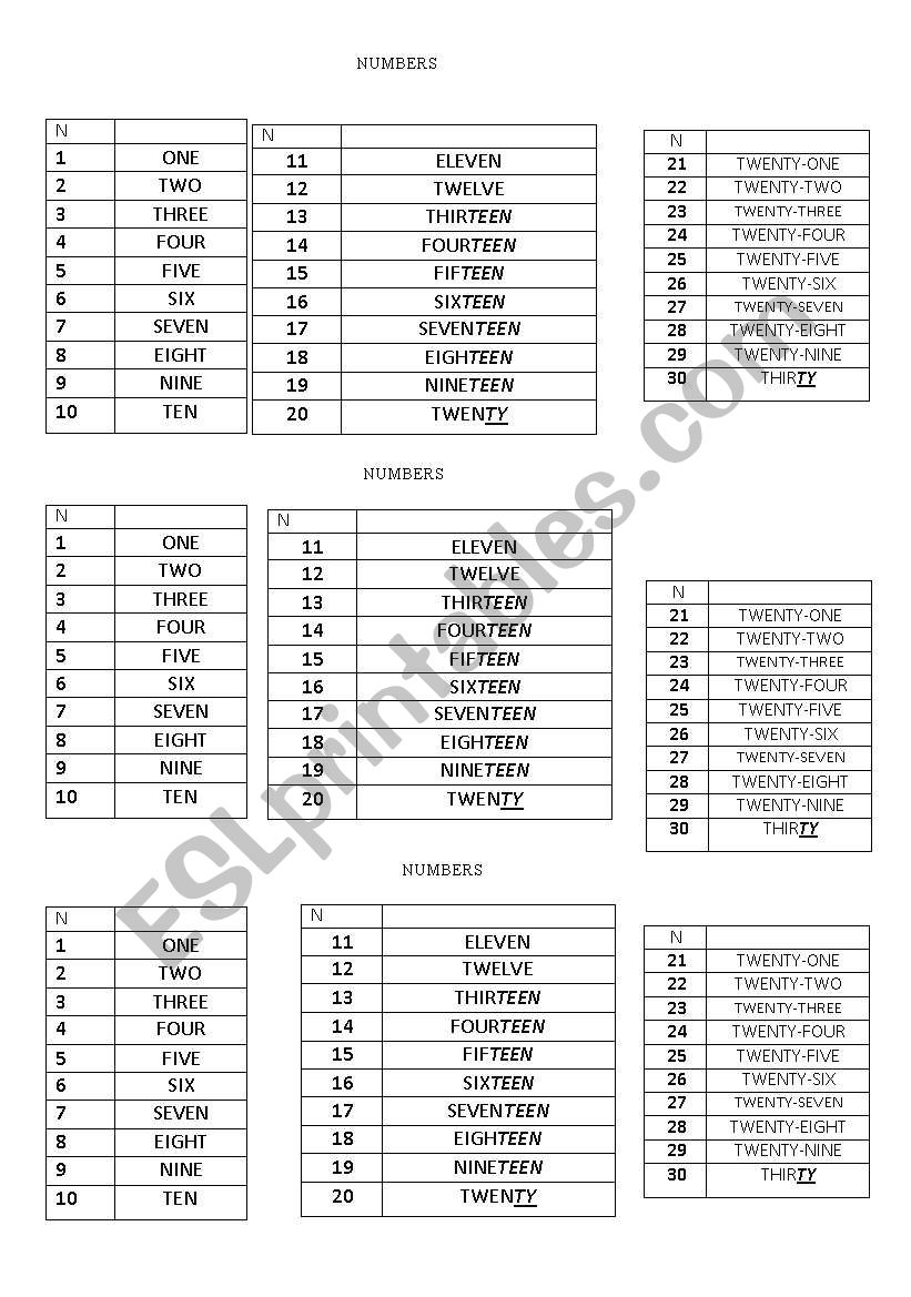 numbers worksheet