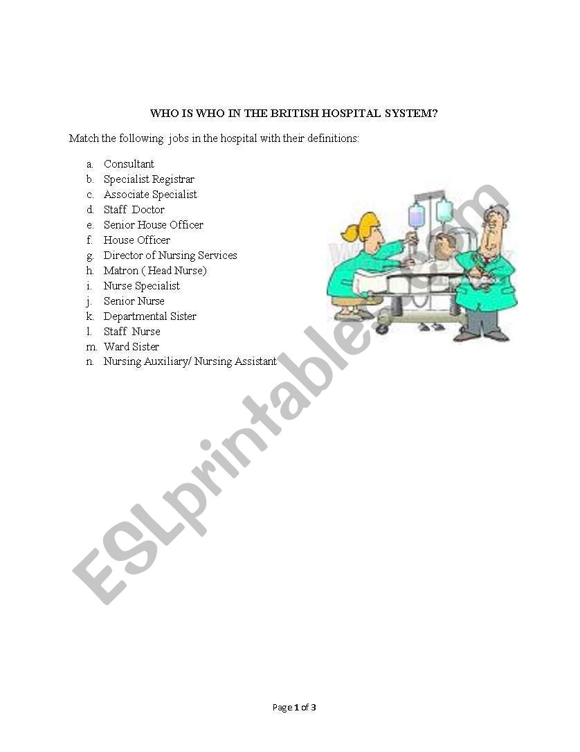 Jobs in the hospital worksheet