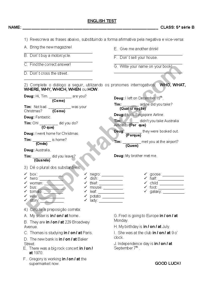 English Test worksheet