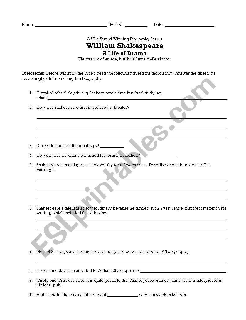 Shakespeare A&E Bio DVD Worksheet