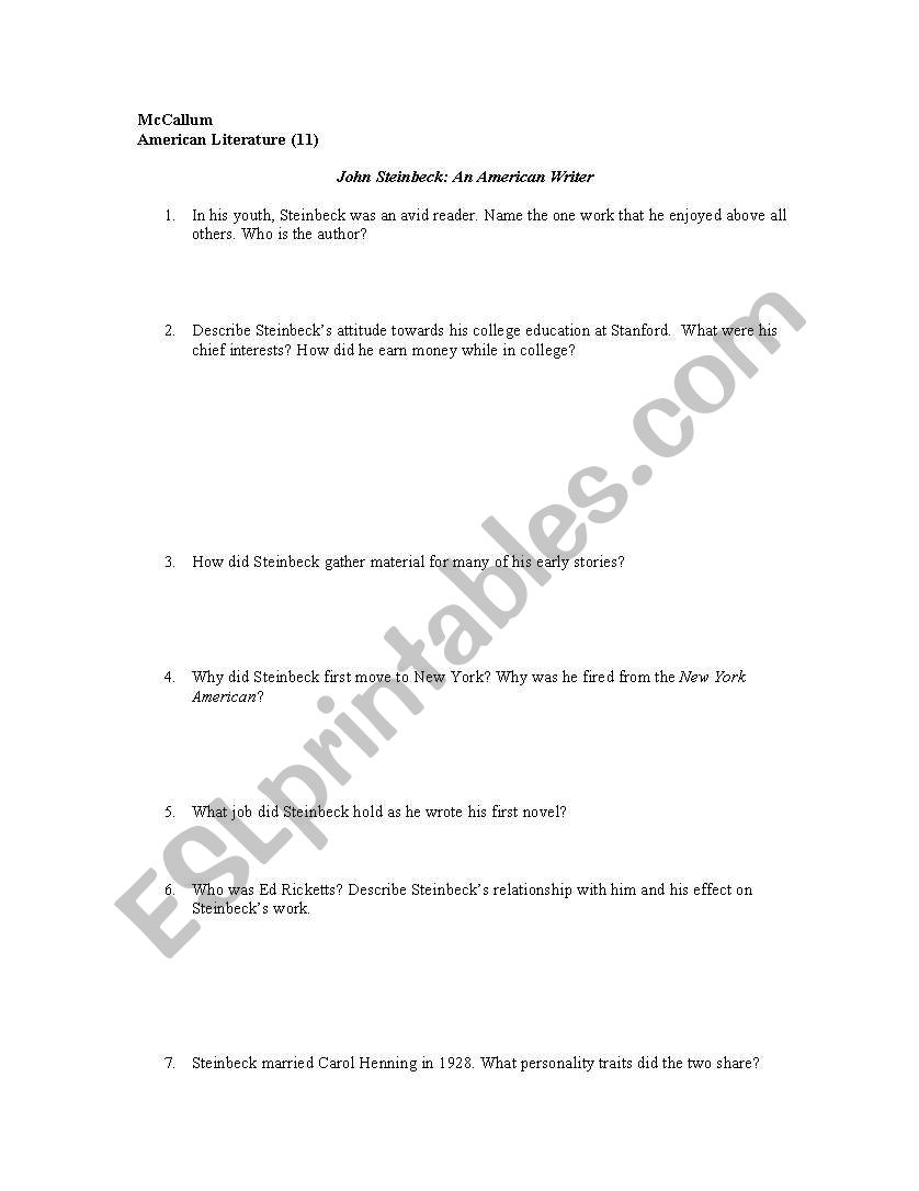 Steinbeck Questions worksheet