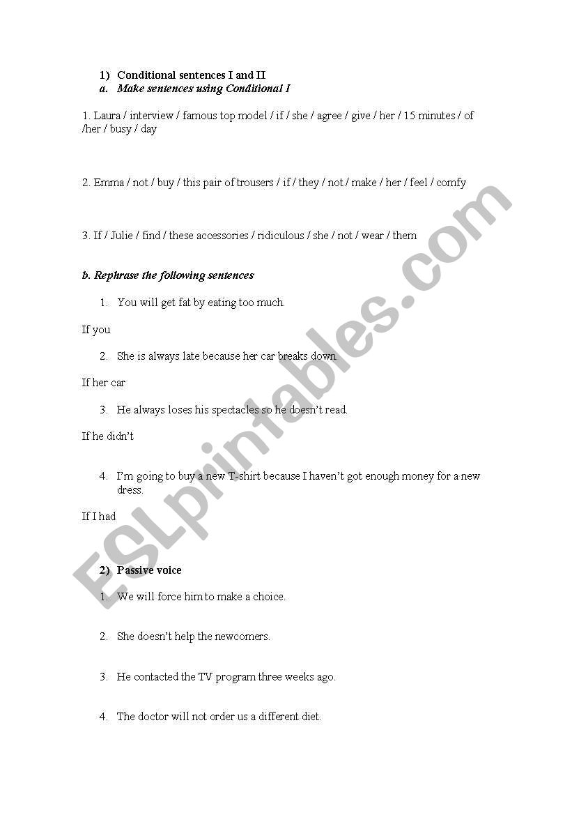 Worksheet Conditional I and II, Passive voice, Reported Speech