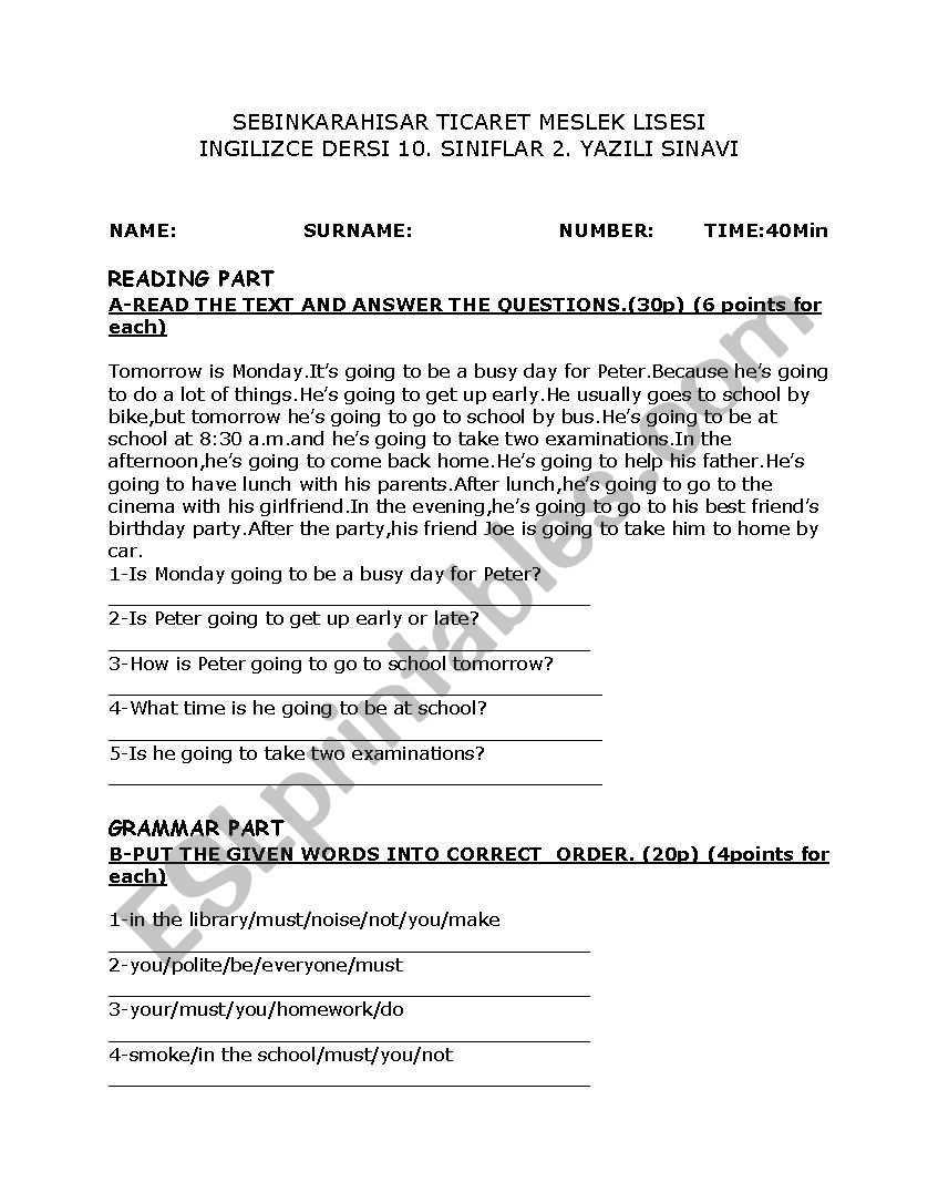 10th grade 1.english exam  worksheet