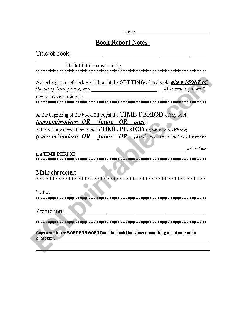 Book Report form worksheet