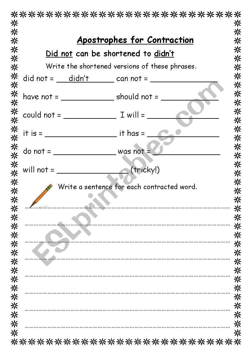 Apostrophes for Contraction worksheet