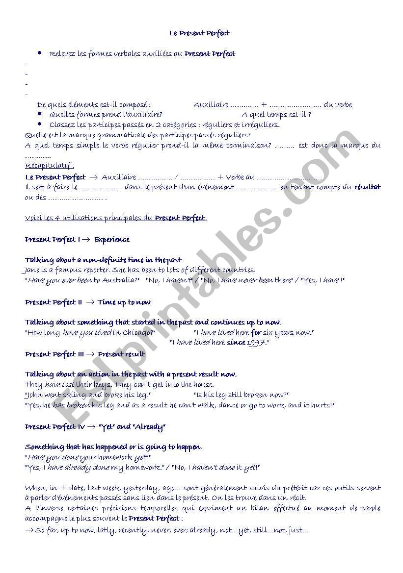 present perfect worksheet