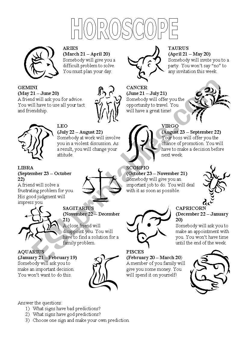 Horoscope prediction - ESL worksheet by bruhboaretto