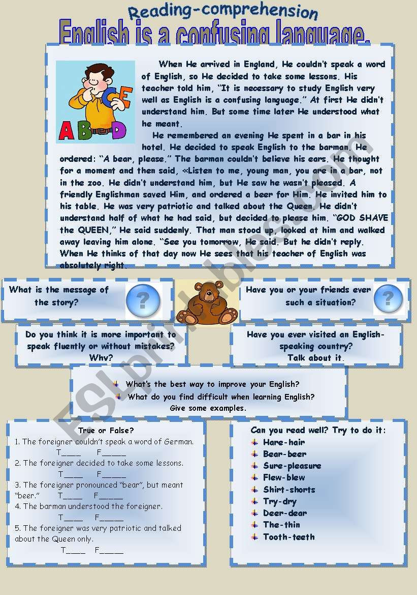 English Is A Confusing Language READING COMPREHENSION ESL Worksheet By Nurikzhan