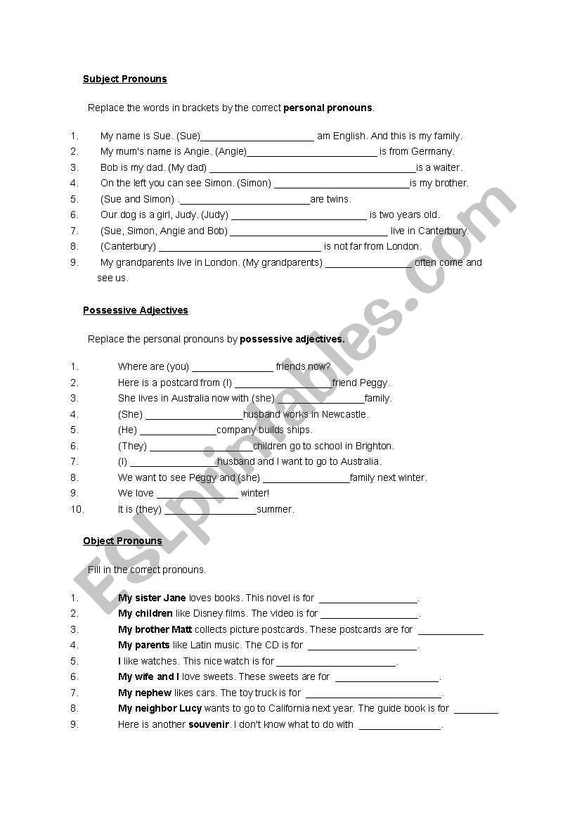 Subject  pronouns, object pronouns and possessive adjectives