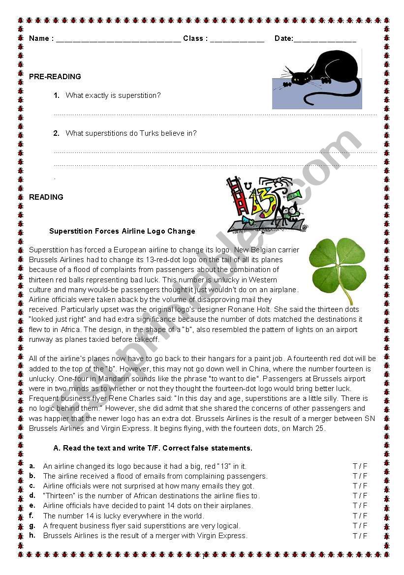 SUPERSTITIONS worksheet