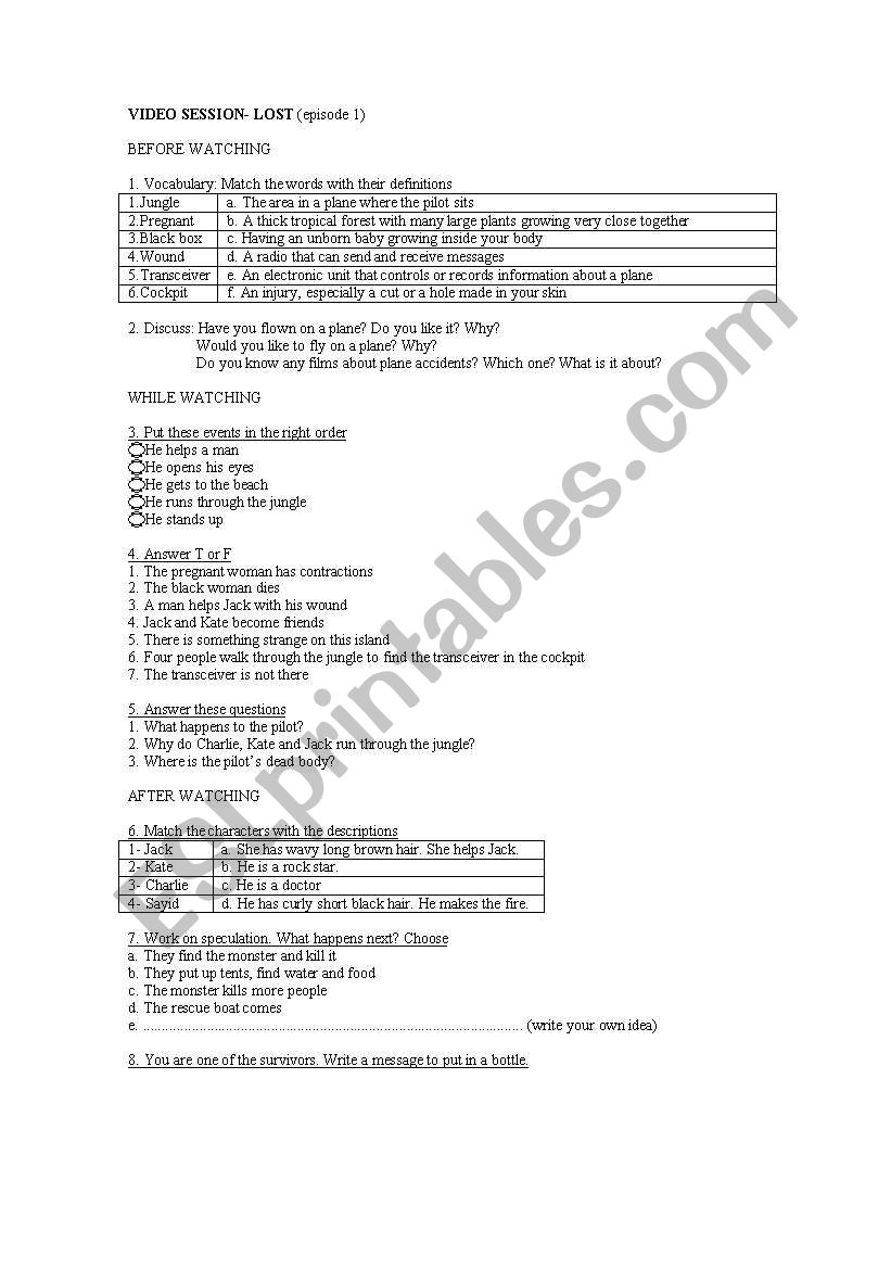 VIDEO SESSION: LOST worksheet